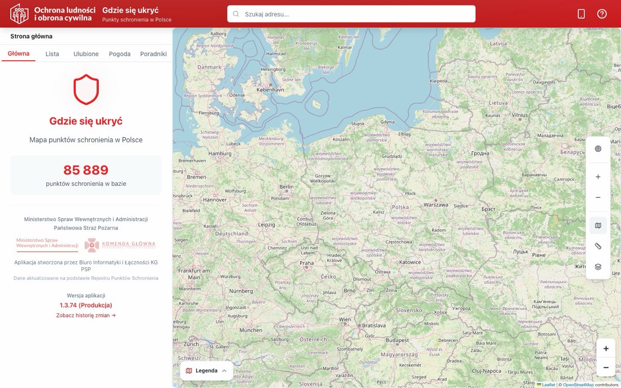 Zrzut ekranu serwisu gdziesieukryc.pl: mapa Polski z punktami schronienia i panel z liczbą 85 889 punktów w bazie